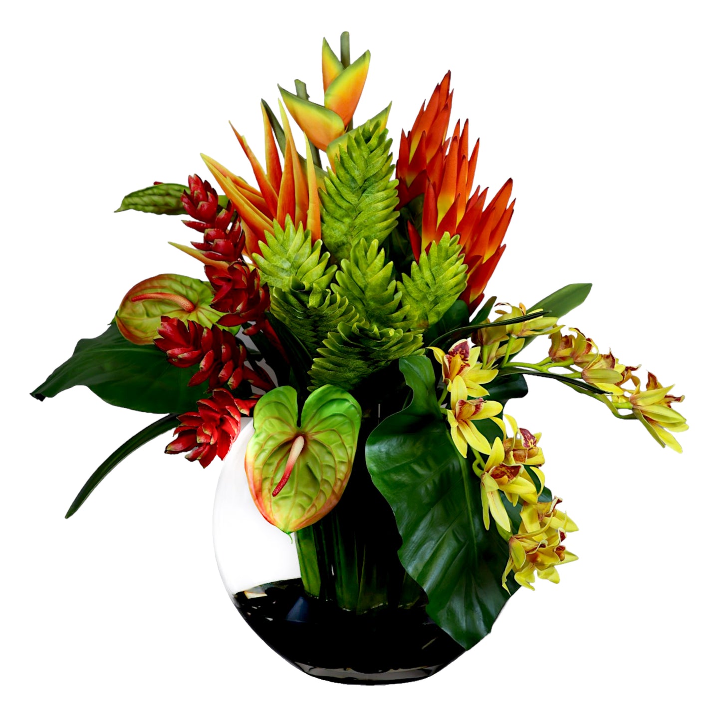 Waterlook Tropical Arrangement in Glass Halfmoon Vase