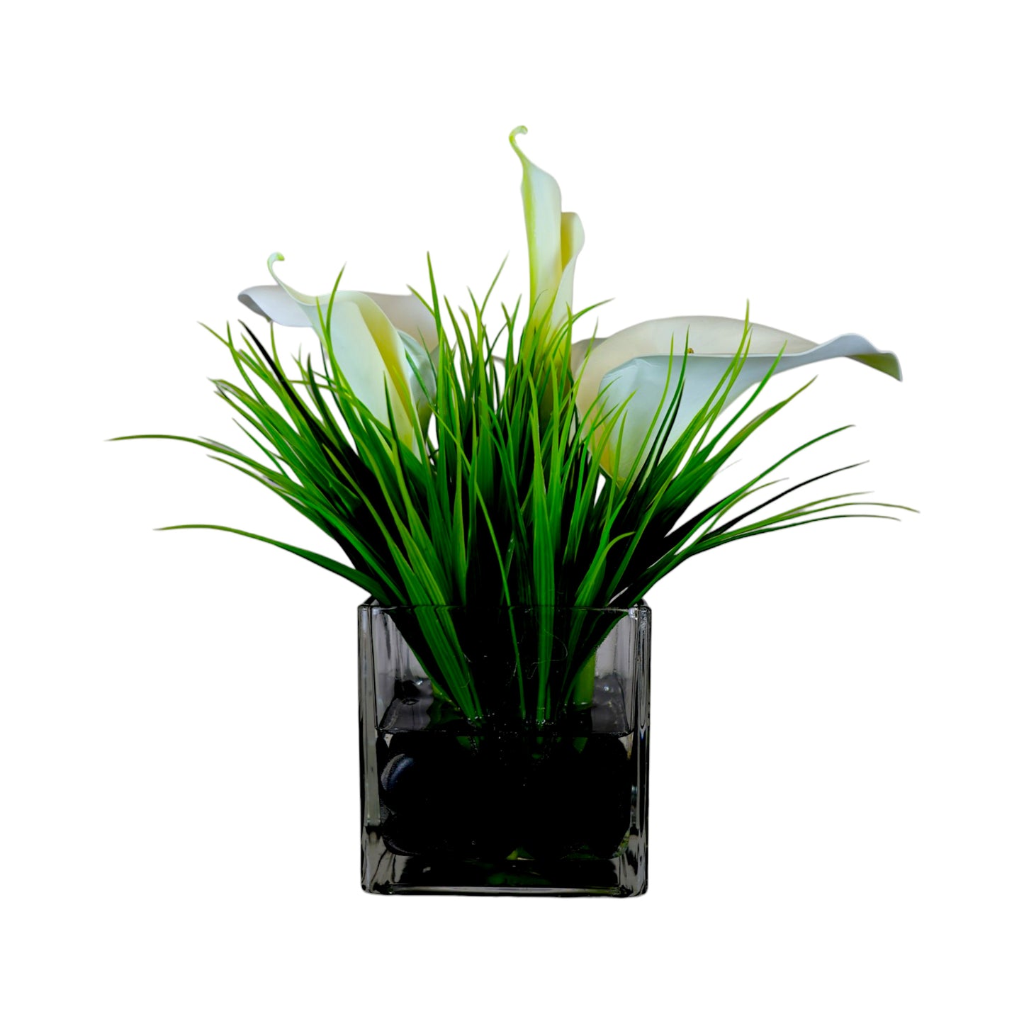 Faux White Calla Lily Square Glass Vase