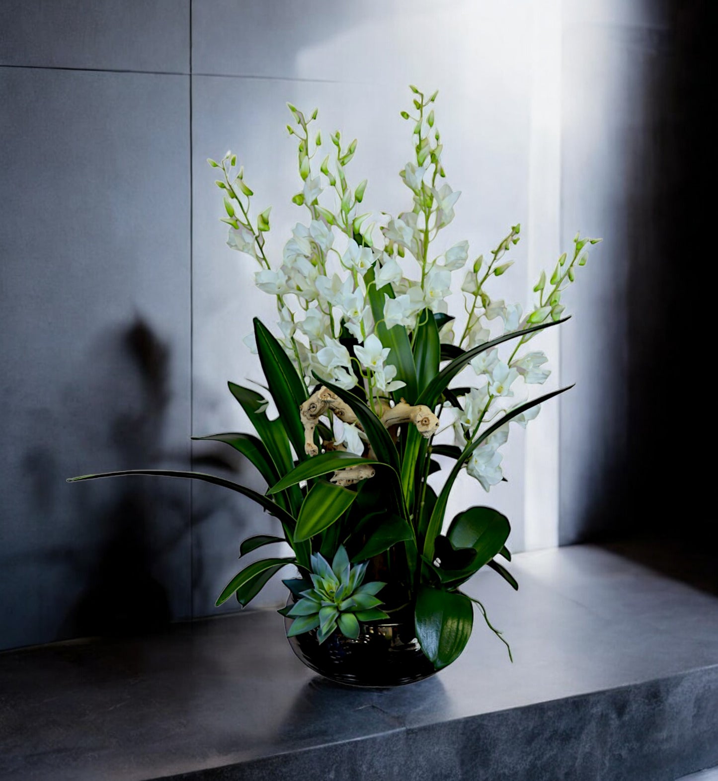 Noble Dendrobium Floral Arrangement in Silver Vase