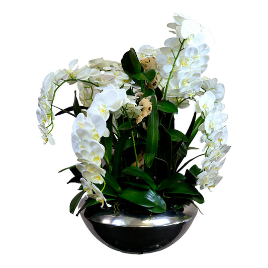 White Phalaenopsis Silk Orchid in Silver Hammered Bowl