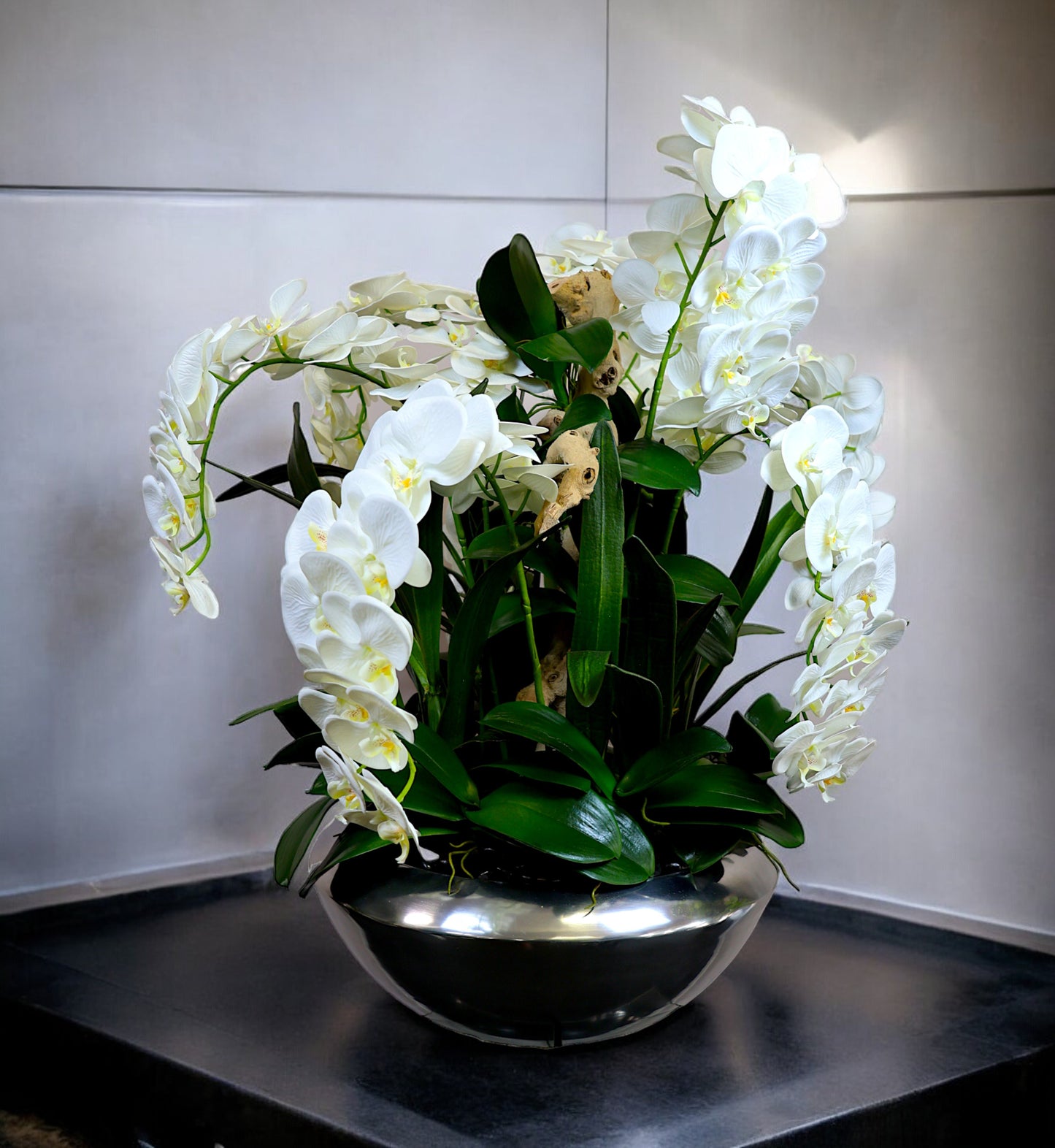 White Phalaenopsis Silk Orchid in Silver Hammered Bowl