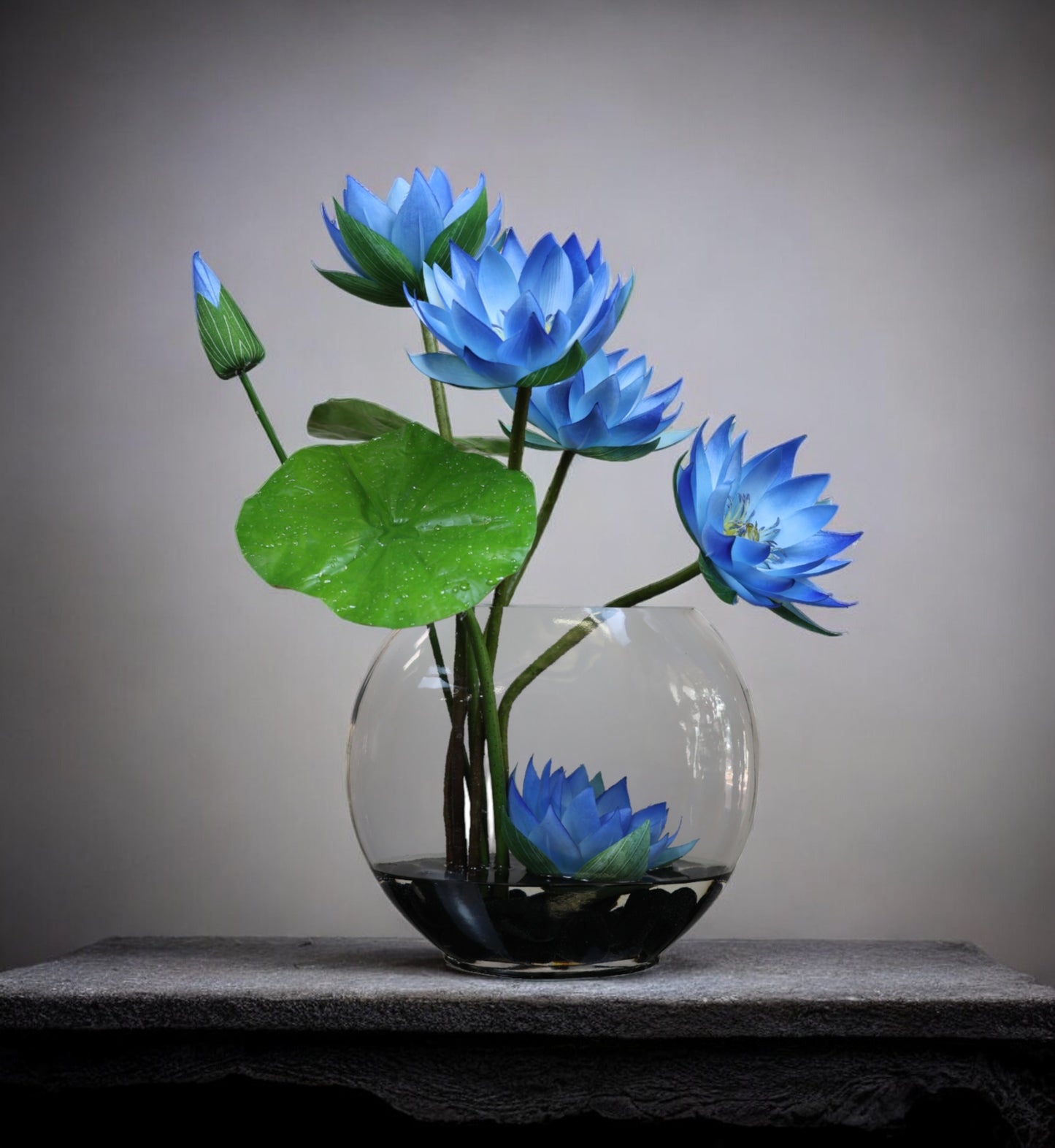 Blue Water Lilies in Halfmoon Glass vase