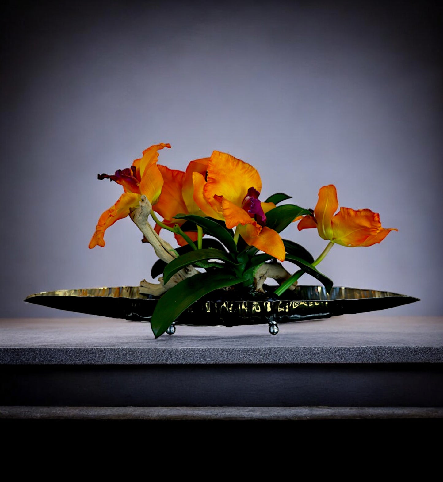 Orange Crimson Cattleya Arrangement in Silver Metallic Vase